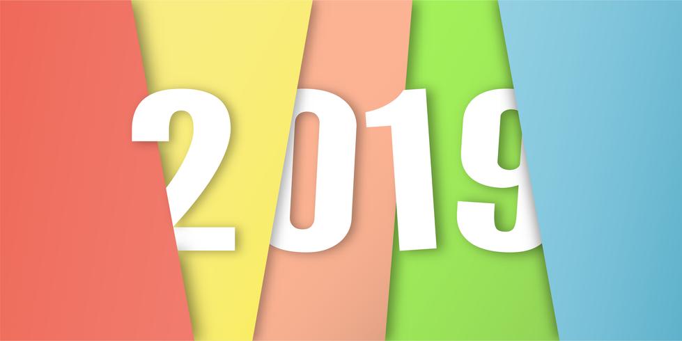 Feliz Año Nuevo 2019 en concepto de diseño material en fondo colorido. Ilustración vectorial en papel cortado y artesanía digital. vector