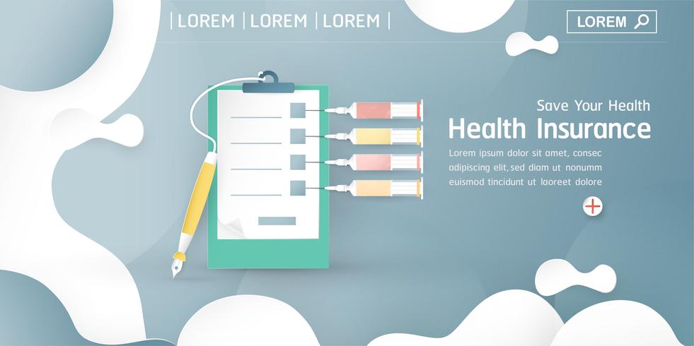 Vector illustration in concept of health insurance. Template design is on pastel blue background for cover, web banner, poster, slide presentation. Art Craft for kid in 3D paper cut style.