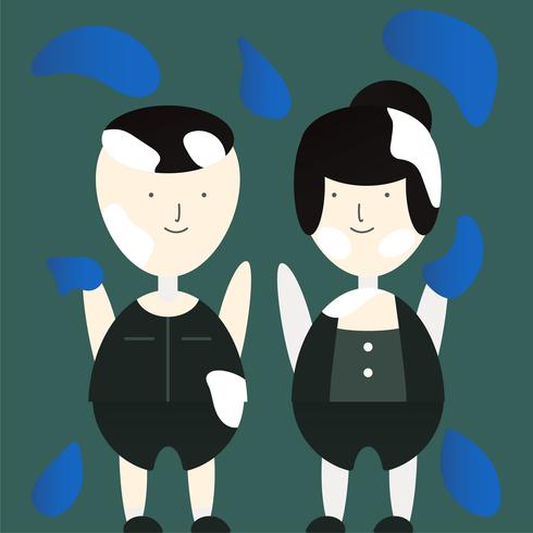 Character of love couple play water on Songkran day. Vector design in gradient flat style isolated on green background.