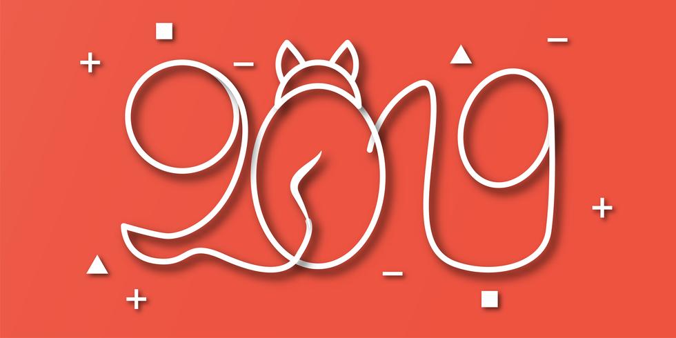 Happy New Year 2019 with on red background. Vector illustration with calligraphy design of number in paper cut and digital craft style.