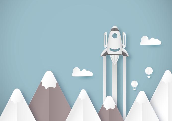 Ilustración de vector con puesta en marcha concepto en corte de papel, artesanía y estilo origami. Rocket está volando en el cielo azul. Diseño de plantillas para banner web, cartel, portada, publicidad. Artesanía en 3D para niños.