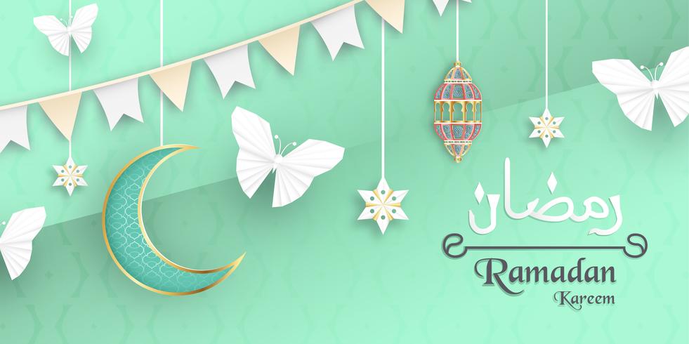 Plantilla para Ramadan Kareem en color verde y dorado. Diseño del ejemplo del vector 3D en el corte y el arte del papel para la tarjeta de felicitación islámica, invitación, cubierta de libro, folleto, bandera del web, anuncio.