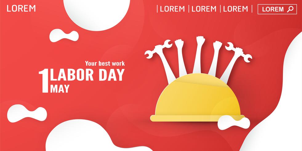 Happy Labor day on 1 May of years. Template design for banner, poster, cover, advertisement, website. Vector illustration in paper cut and craft style on red background.
