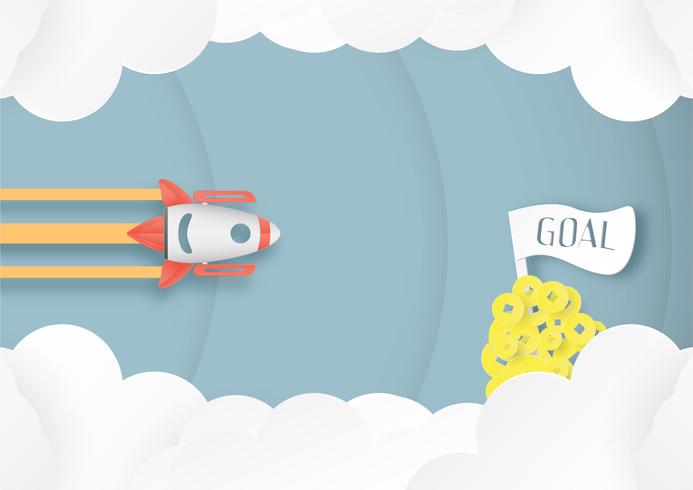 Vector illustration with start up concept in paper cut, craft and origami style. Rocket on the sky.