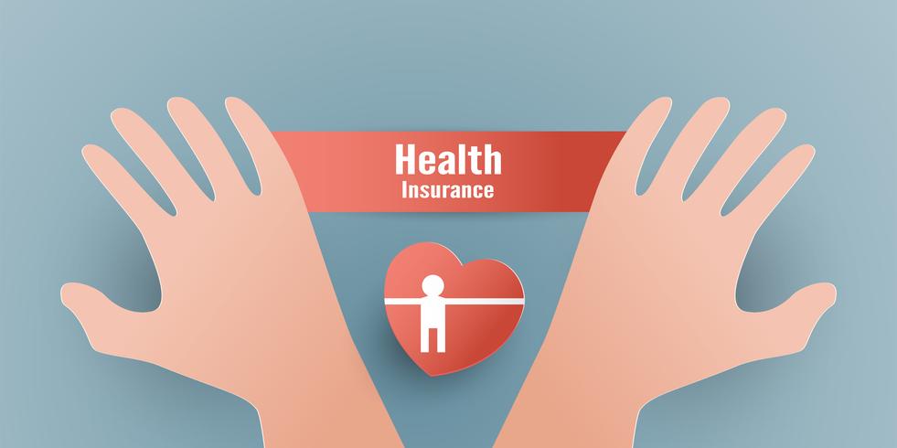 Vector illustration in concept of health insurance. Template design is on pastel blue background in 3D paper cut style. 