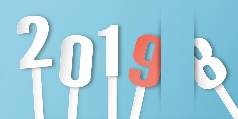 Happy New Year 2019 decoration on blue background. Vector illustration with calligraphy design of number in paper cut and digital craft. The concept shows that It has changing of the year.