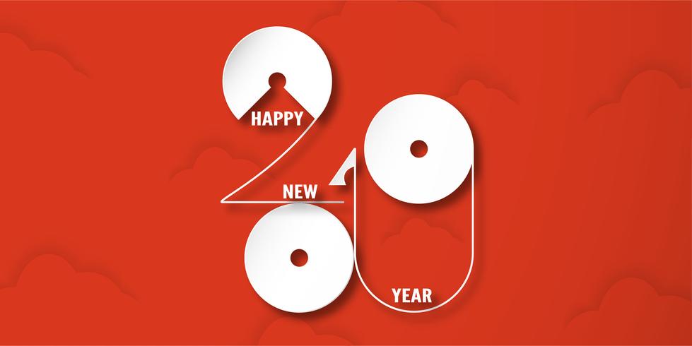 Happy New Year 2019 with shodow of cloud on red background. Vector illustration with calligraphy design of number in paper cut and digital craft.