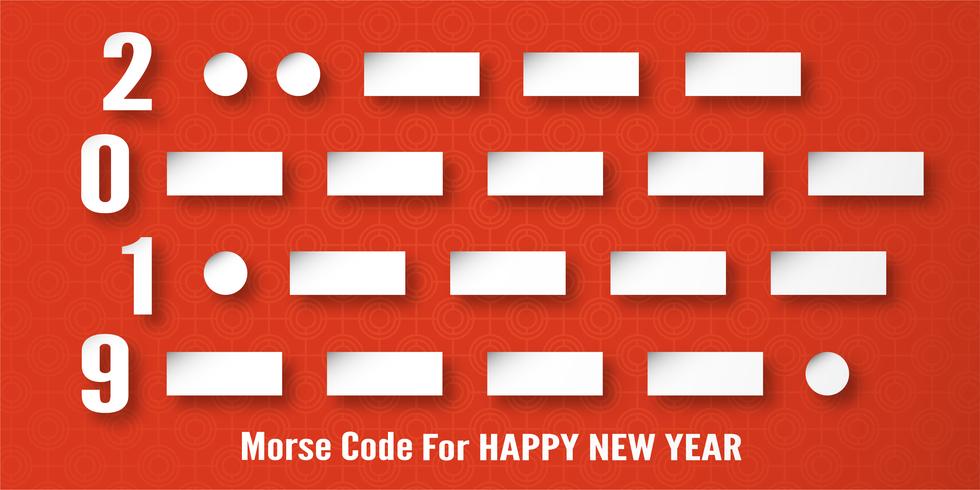 Happy New Year 2019 decoration on red background. Vector illustration with calligraphy design of Morse code number in paper cut and digital craft.