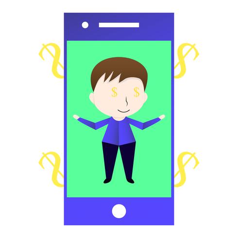 Character design of man who is exchanging money by telephone. Vector of the boy isolated on green background.