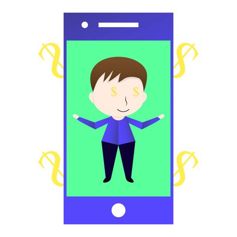 Character design of man who is exchanging money by telephone. Vector of the boy isolated on green background.