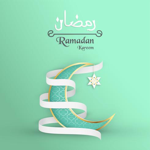 Plantilla para Ramadan Kareem en color verde y dorado. Diseño del ejemplo del vector 3D en el corte y el arte del papel para la tarjeta de felicitación islámica, invitación, cubierta de libro, folleto, bandera del web, anuncio.