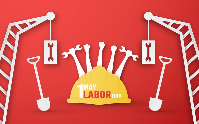 Happy Labor day on 1 May of years. Template design for banner, poster, cover, advertisement, website. Vector illustration in paper cut and craft style on red background.