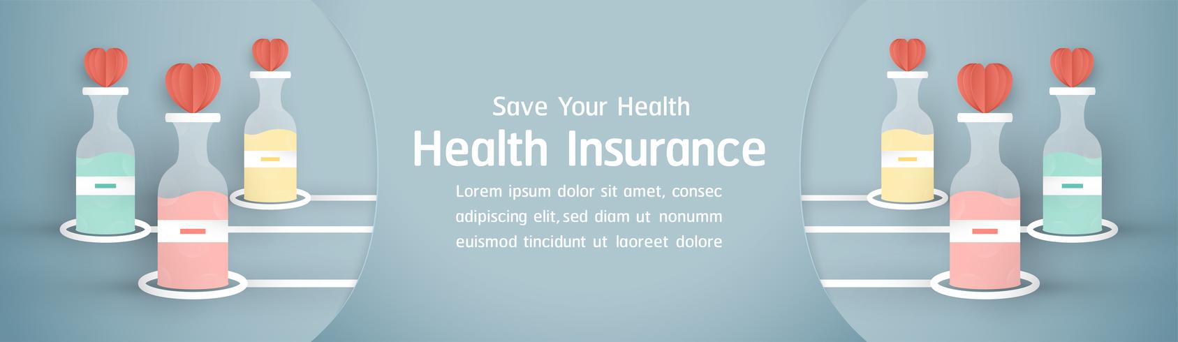 Vector illustration in concept of health insurance. Template design is on pastel blue background for cover, web banner, poster, slide presentation. Art Craft for kid in 3D paper cut style.