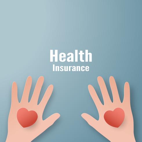 Vector illustration in concept of health insurance. Template design is on pastel blue background in 3D paper cut style. 