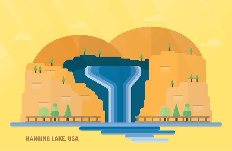 Puntos de referencia del Estado de Colorado de los EE. UU. Para viajar con Hanging Lake, caída de agua y árboles. Vector el ejemplo con el espacio de la copia y la llamarada de la luz en fondo amarillo y anaranjado.