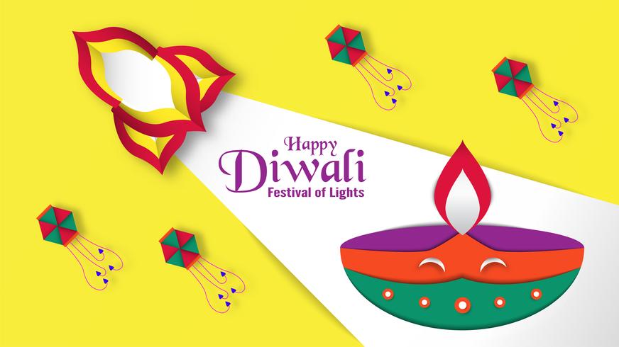 Diwali es un festival de luces de hindú para el fondo de invitación, banner web, publicidad. Diseño de ilustración vectorial en papel cortado y estilo de arte. vector