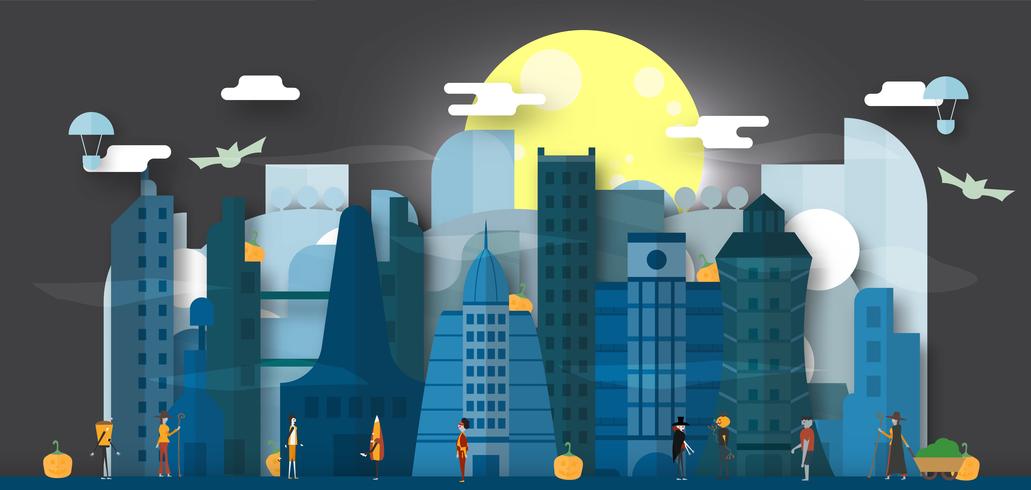 Minimal scene of future city for halloween day, 31 October, with monsters that include dracula, glass, pumpkin man, frankenstein, umbrella, joker, witch woman, cat. Vector illustration.