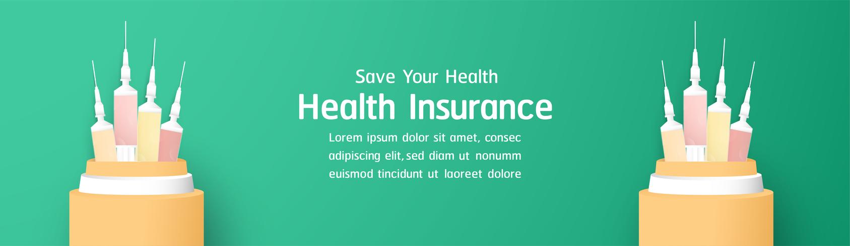 Vector illustration in concept of health insurance. Template design is on pastel blue background for cover, web banner, poster, slide presentation. Art Craft for kid in 3D paper cut style.