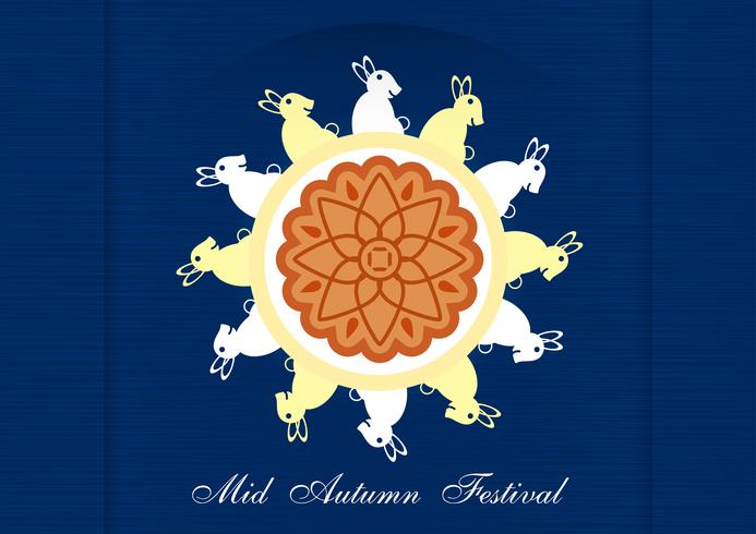 Festival de mediados de otoño para los chinos en diseño plano. Vector la ilustración en fondo azul con la luna, conejo, mooncakes.
