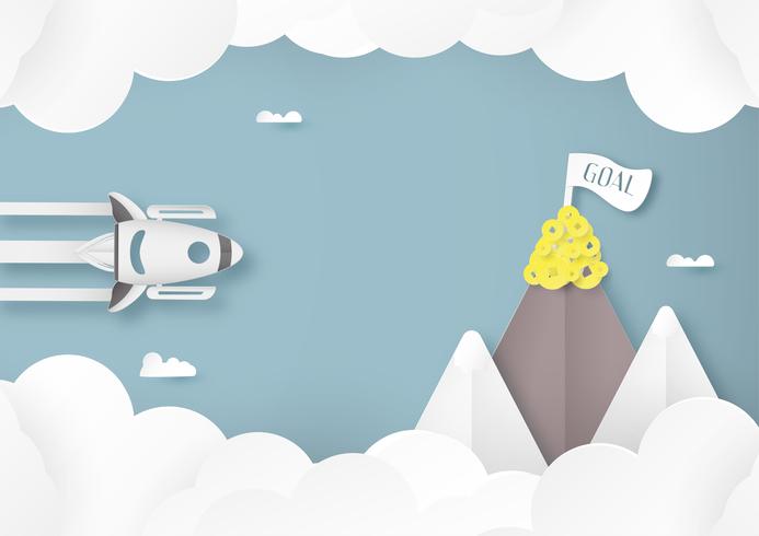 Vector illustration with start up concept in paper cut, craft and origami style. Rocket on the sky.