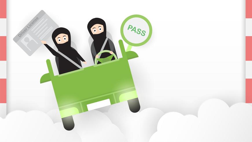 Woman drives a green car in Saudi Arabia on the cloud. Arab adult get a driver license. Vector illustration design in flat and paper cut style.