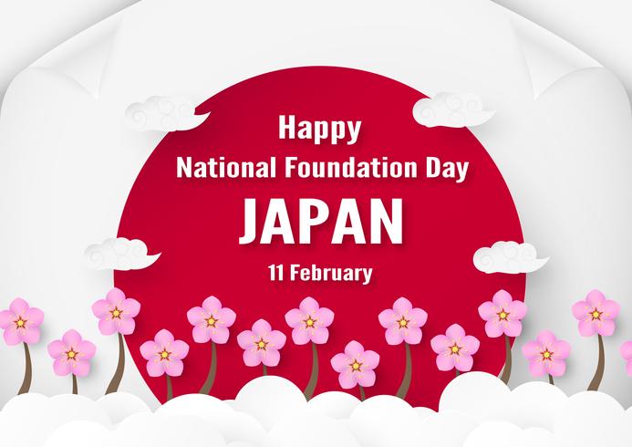 Feliz día de la fundación nacional 2019 para los japoneses. Diseño de plantillas en estilo flatlay. Illlustration del vector con concepto del corte y del arte del papel.