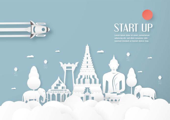 Vector illustration with start up concept in paper cut, craft and origami style. Rocket on the sky.