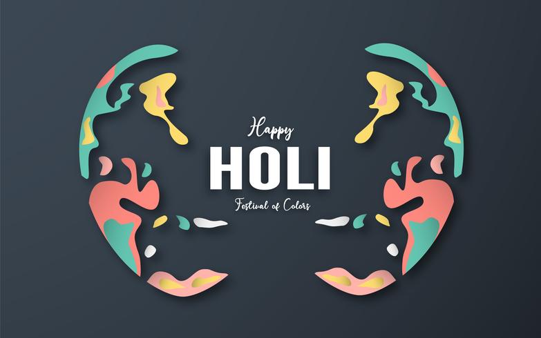 Feliz Holi, Festival de los Colores. Diseño de elementos de plantilla para plantilla, banner, cartel, tarjeta de felicitación. Ilustración vectorial en papel cortado, artesanal, tipo origami con estilo plano laico. vector