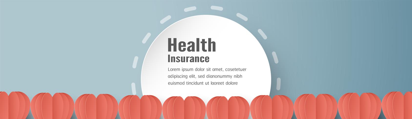 Vector illustration in concept of health insurance. Template design is on pastel blue background in 3D paper cut style. 