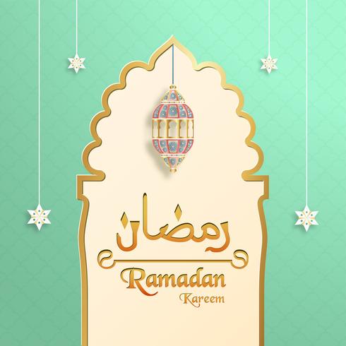 Plantilla para Ramadan Kareem en color verde y dorado. Diseño del ejemplo del vector 3D en el corte y el arte del papel para la tarjeta de felicitación islámica, invitación, cubierta de libro, folleto, bandera del web, anuncio.