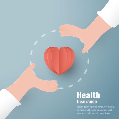 Vector illustration in concept of health insurance. Template design is on pastel blue background in 3D paper cut style. 