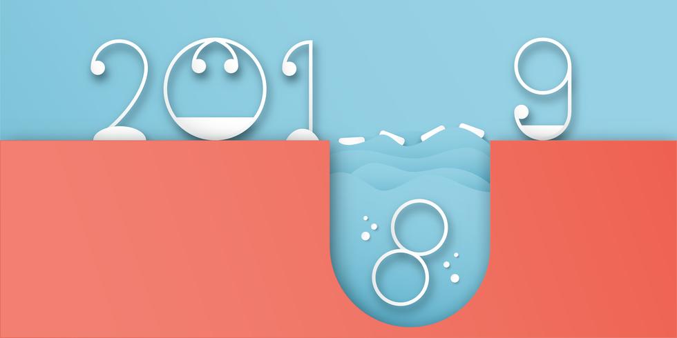 Happy New Year 2019 decoration on blue background. Vector illustration with calligraphy design of number in paper cut and digital craft. The concept shows that It has changing of the year.