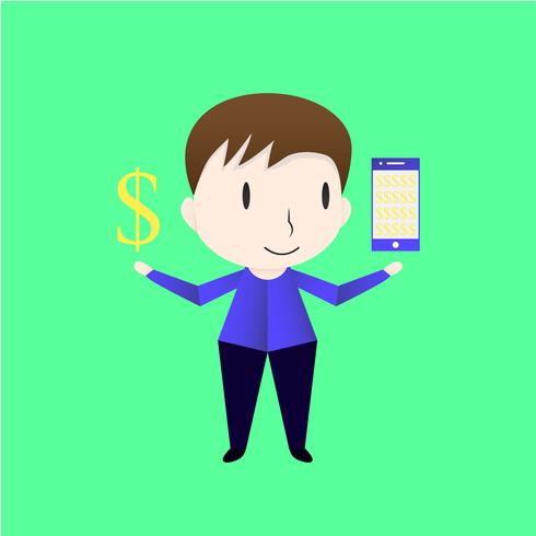 Character design of man who is exchanging money by telephone. Vector of the boy isolated on green background.