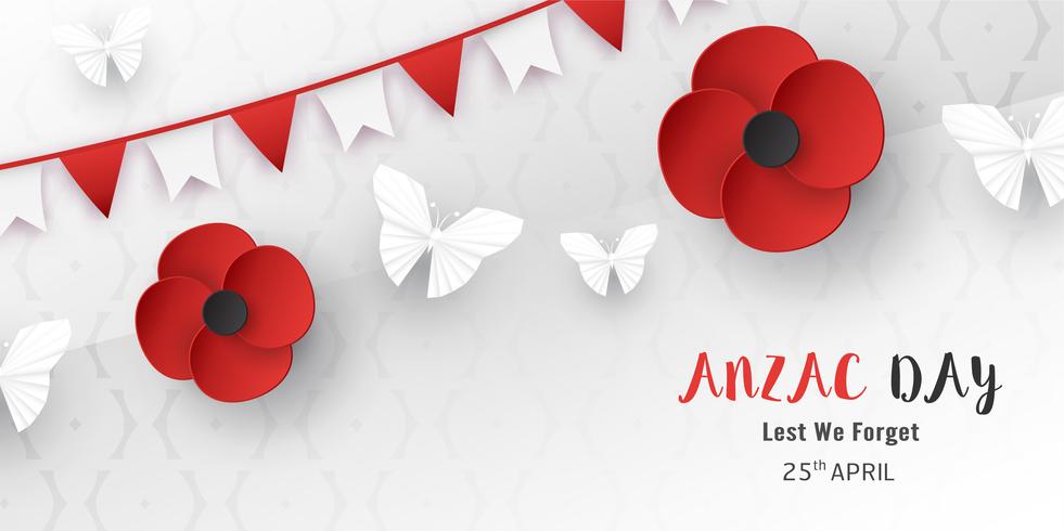 Feliz día de Anzac el 25 de abril por quien sirvió y murió en la guerra de Australia y Nueva Zelanda. Diseño de elementos de plantilla para banner, cartel, saludo, invitación. Ilustración vectorial en papel cortado, estilo artesanal. vector