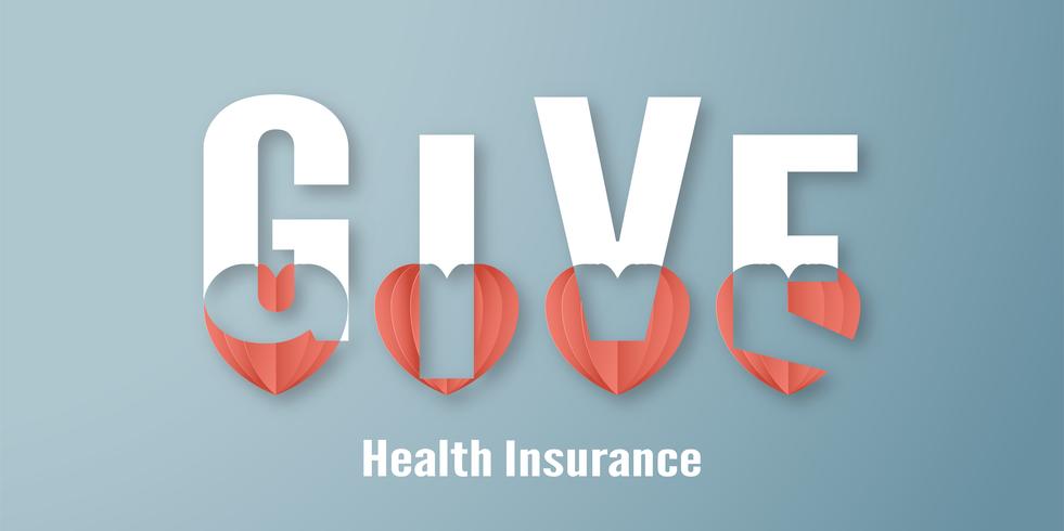 Vector illustration in concept of health insurance. Template design is on pastel blue background in 3D paper cut style. 