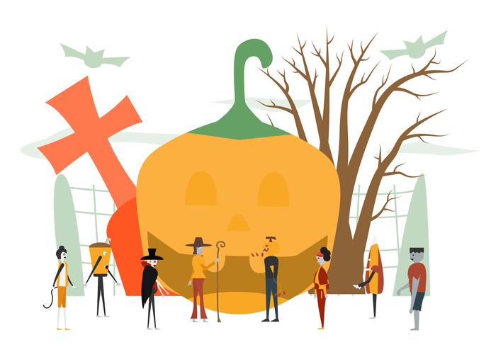 Escena mínima para el día de Halloween, 31 de octubre, con monstruos que incluyen drácula, vidrio, hombre calabaza, frankenstein, paraguas, gato, bromista, bruja. Ilustración del vector aislada en el fondo blanco.