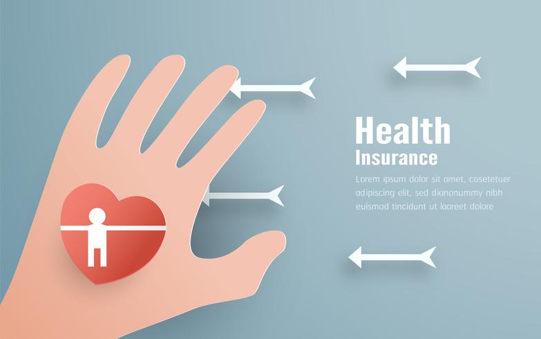 Vector illustration in concept of health insurance. Template design is on pastel blue background in 3D paper cut style. 