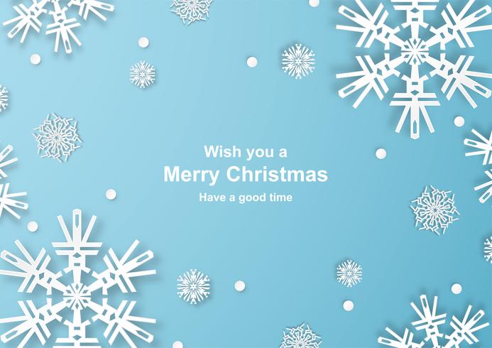 Christmas decoration on blue background in paper cut and craft with snowflake.  vector