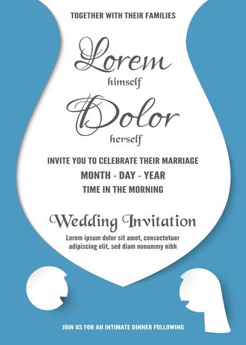 Wedding invitation is soft blue and white color. Vector illustration in flat and paper cut style.