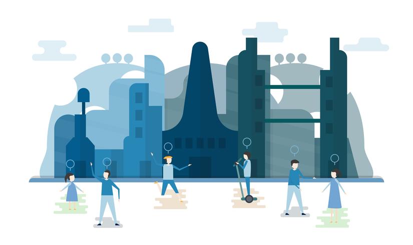 Future people in urban buildings with blue sky and cloud. Vector illustration with flat city in paper cut style. Trend of landmark for downtown of the world and big country. 