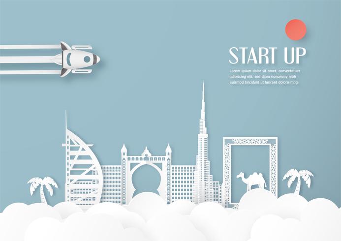 Vector illustration with start up concept in paper cut, craft and origami style. Rocket on the sky.