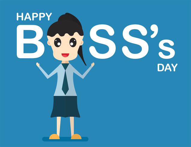 Happy Boss's day background with boss woman that is talking and smiling . Vector character design of leader isolated on blue background with copy space.