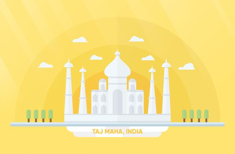 India landmarks for travelling with Taj mahal and trees. Vector illustration with copy space and flare of light on yellow and orange background.