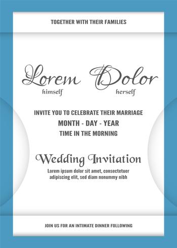 Wedding invitation is soft blue and white color. Vector illustration in flat and paper cut style.