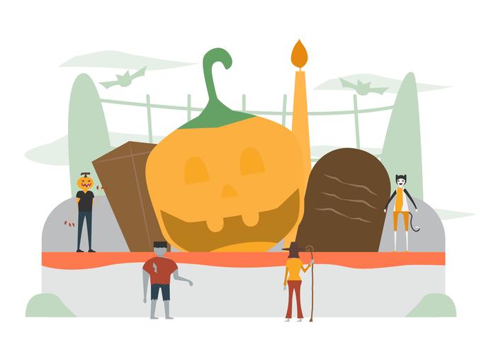 Escena mínima para el día de Halloween, 31 de octubre, con monstruos que incluyen al hombre calabaza, Frankenstein, gato, bruja. Ilustración del vector aislada en el fondo blanco.