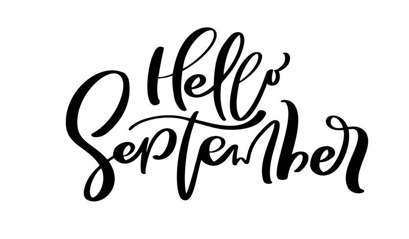 Hola septiembre Vector letras de tinta. Manuscrito negro sobre palabra blanca. Estilo de caligrafía moderna. Pluma de pincel