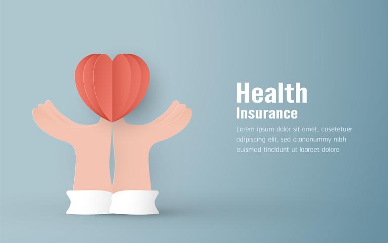 Vector illustration in concept of health insurance. Template design is on pastel blue background in 3D paper cut style. 