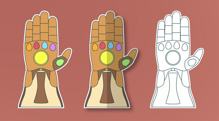 Guante de thanos con 6 gemas. Ilustración del vector en estilo del corte del papel de la etiqueta engomada. Artesanía para niños.