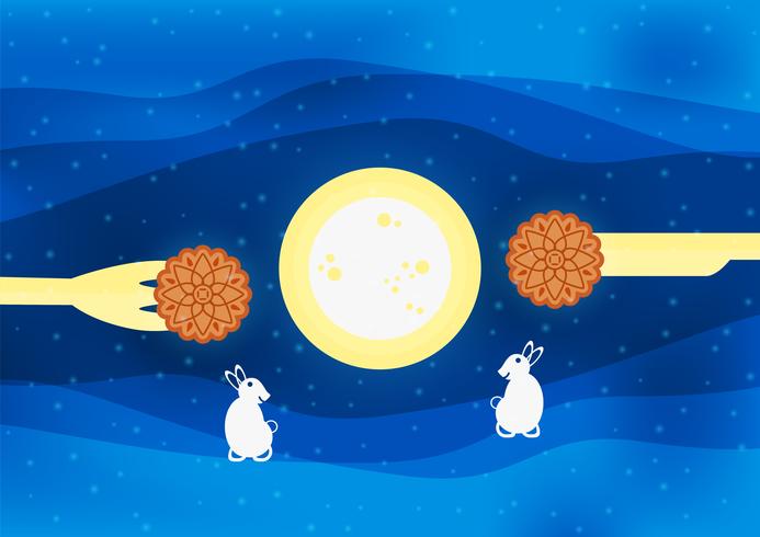 Mid Autumn Festival for Chinese people in flat design. Vector illustration on blue background with moon, rabbit, mooncakes.