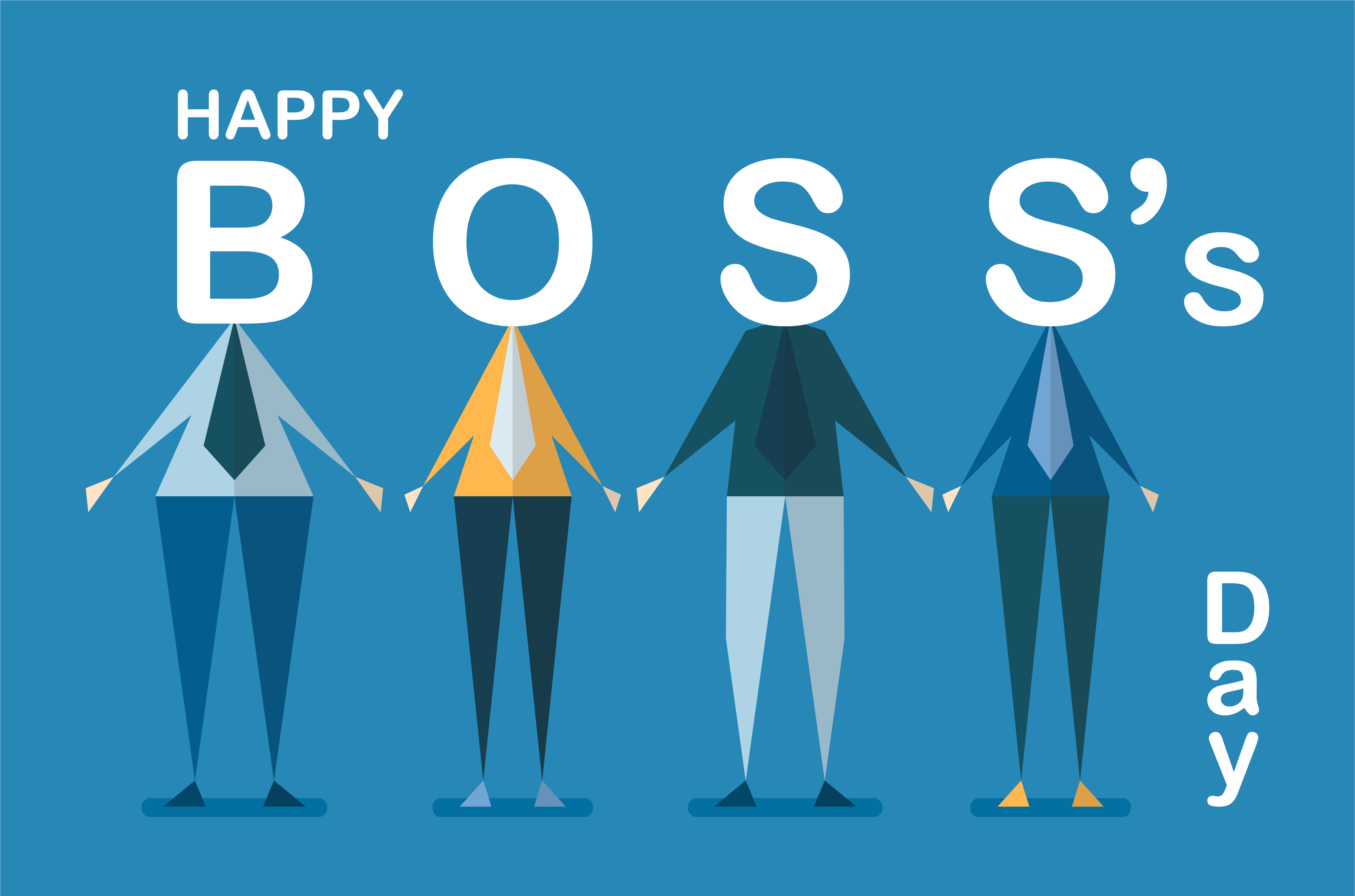 Happy Boss's day background with employee isolated on blue background